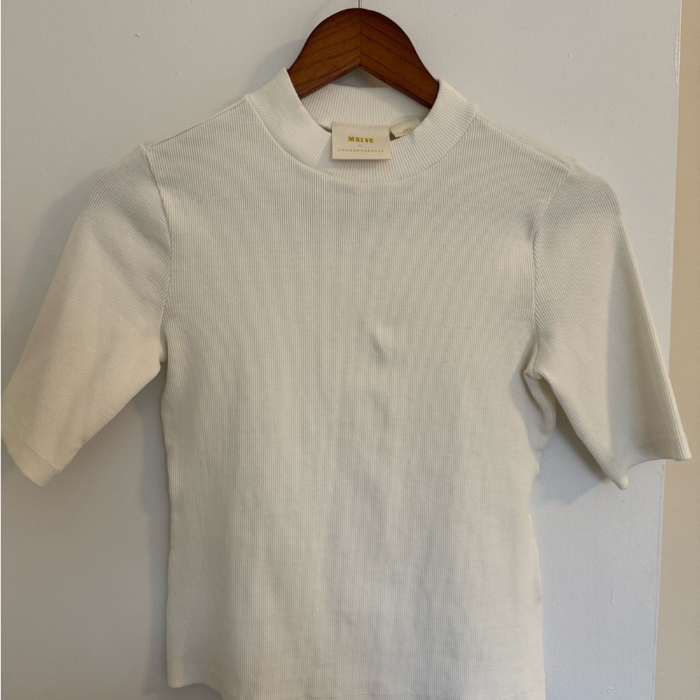 Anthropologie Maeve White Mock Neck Ribbed Half Sleeve top